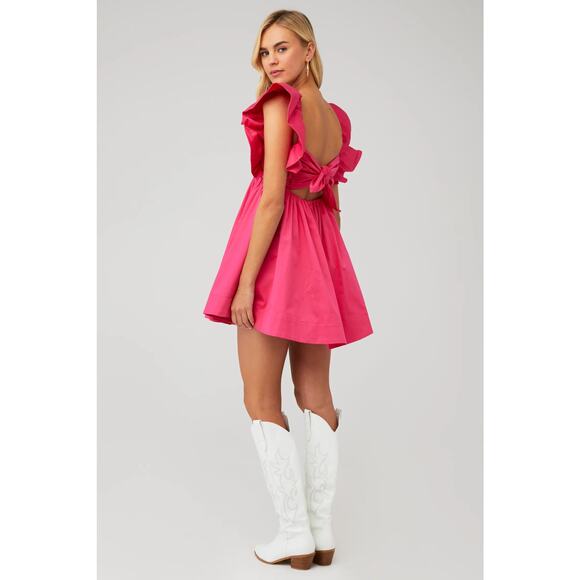 For Love & Lemons Clementine Poplin Babydoll Mini Dress Ruffle Cap Sleeve Pink M - Picture 3 of 13